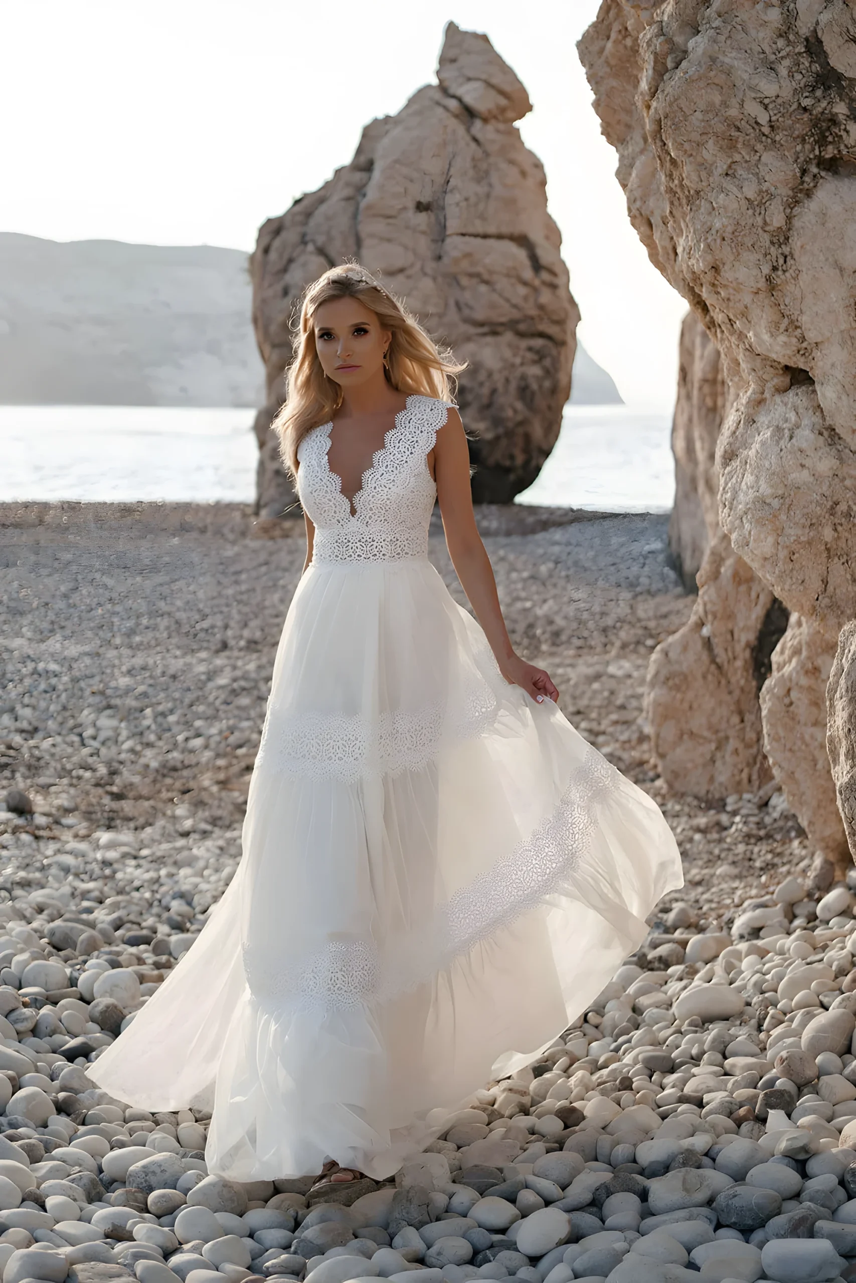 Robe de Mariage Bohème en dentelle sur fond tulle silhouette A