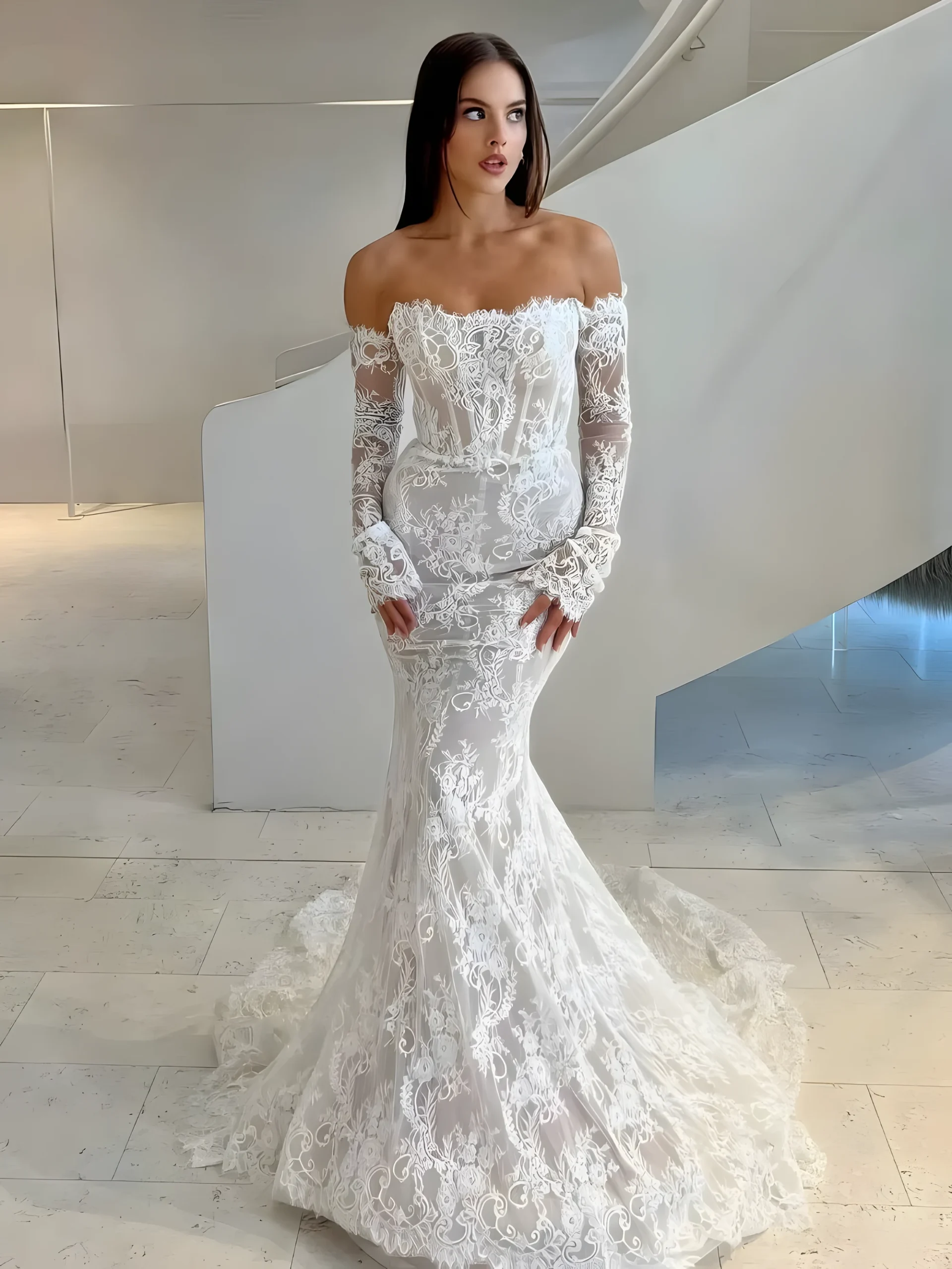 Robe de mariée en dentelle avec épaules dénudées et manches longues