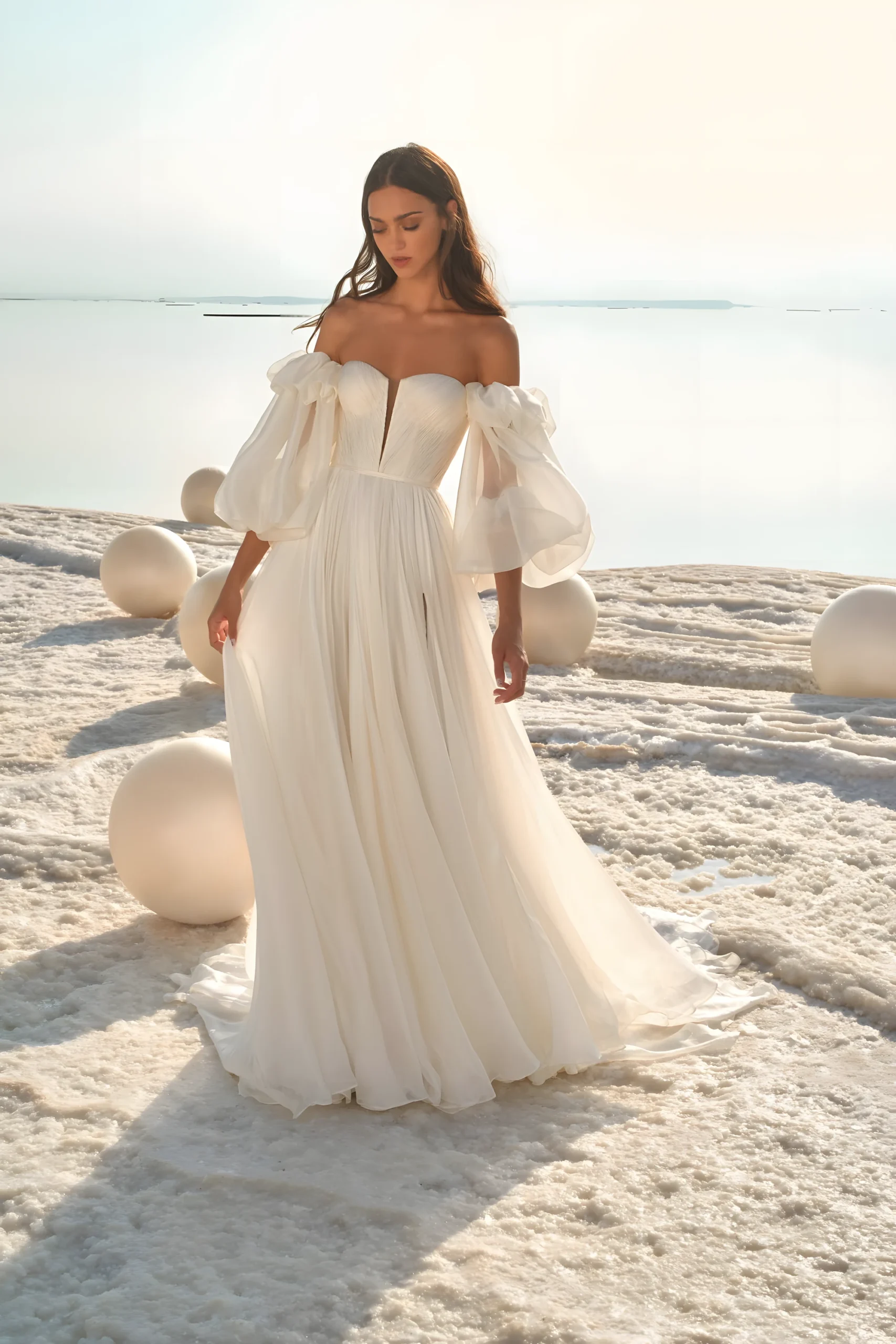 Robe de Mariée Bohème en tulle vaporeux avec épaules dénudées