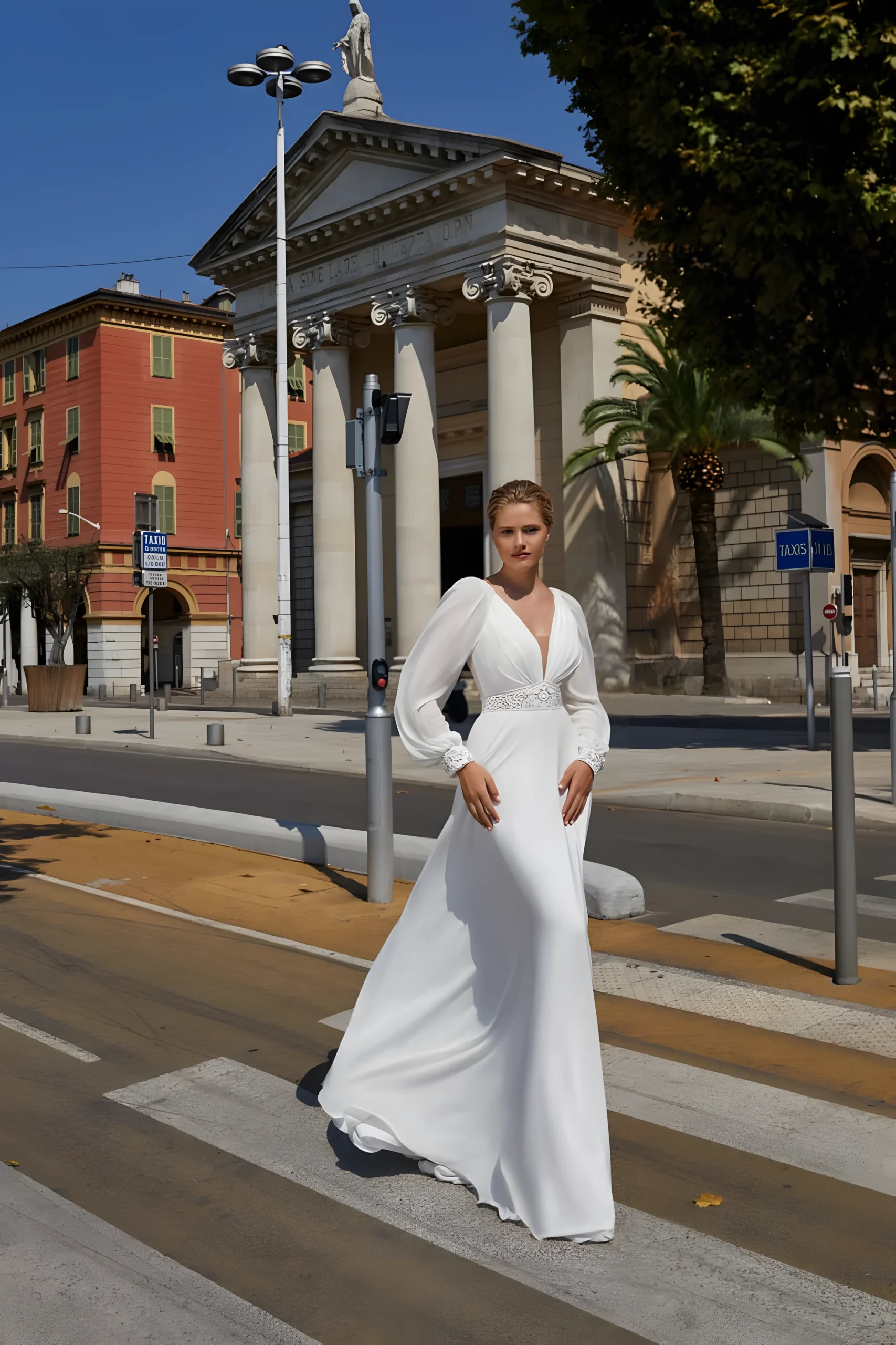 Robe de mariée champêtre avec manches longues bouffantes et col en V profond avec tombé au sol dans jupe silhouette A