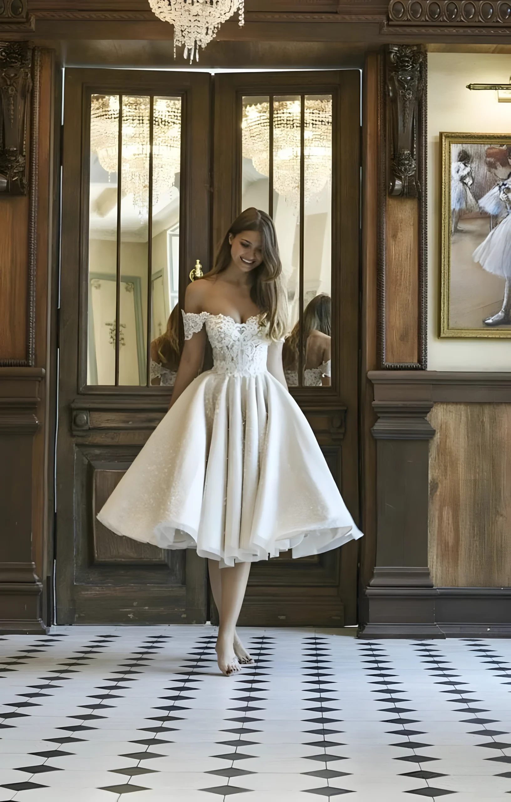 Robe de mariée longueur genoux scintillantes avec épaules tombantes et décolleté petit coeur