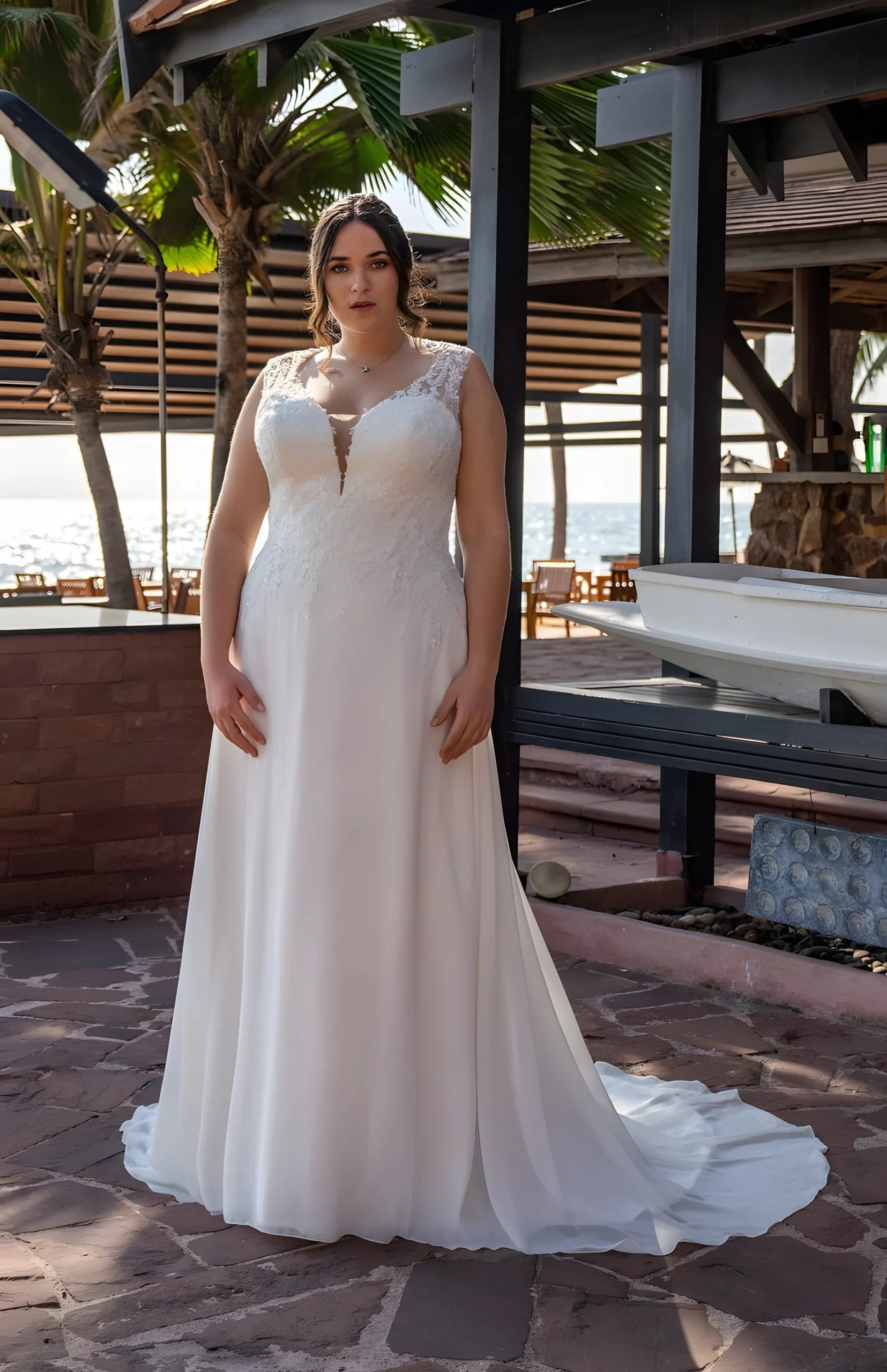 Robe de mariée parfaite pour une grande taille avec sa taille haute et son tombé léger