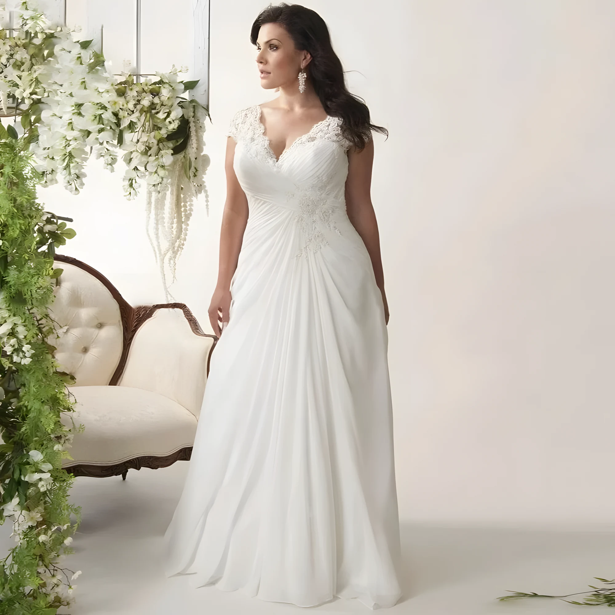 Robe de mariée pour grande taille avec col V