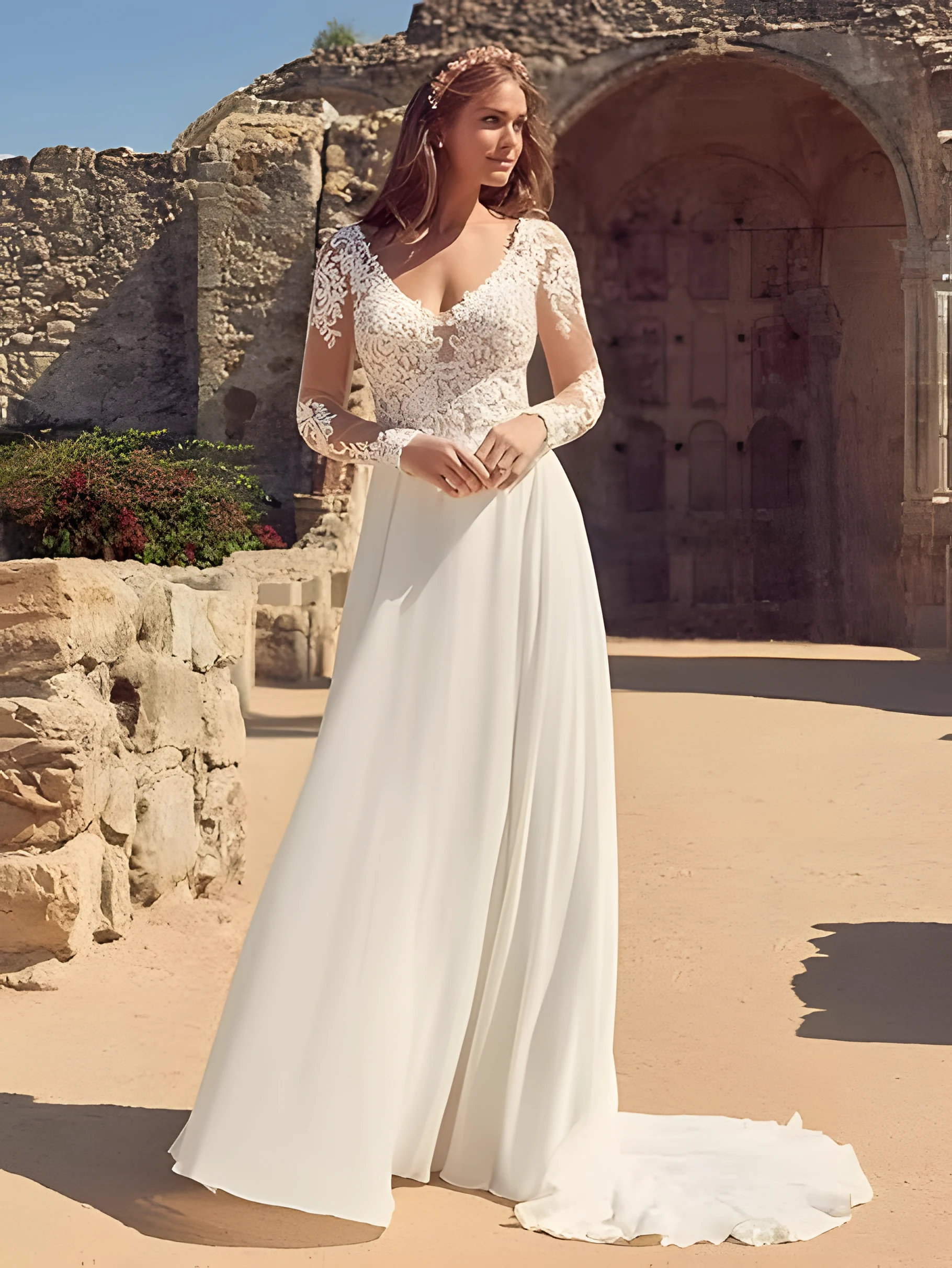 Robe de Mariée manches longues en dentelle et jupe en mousseline