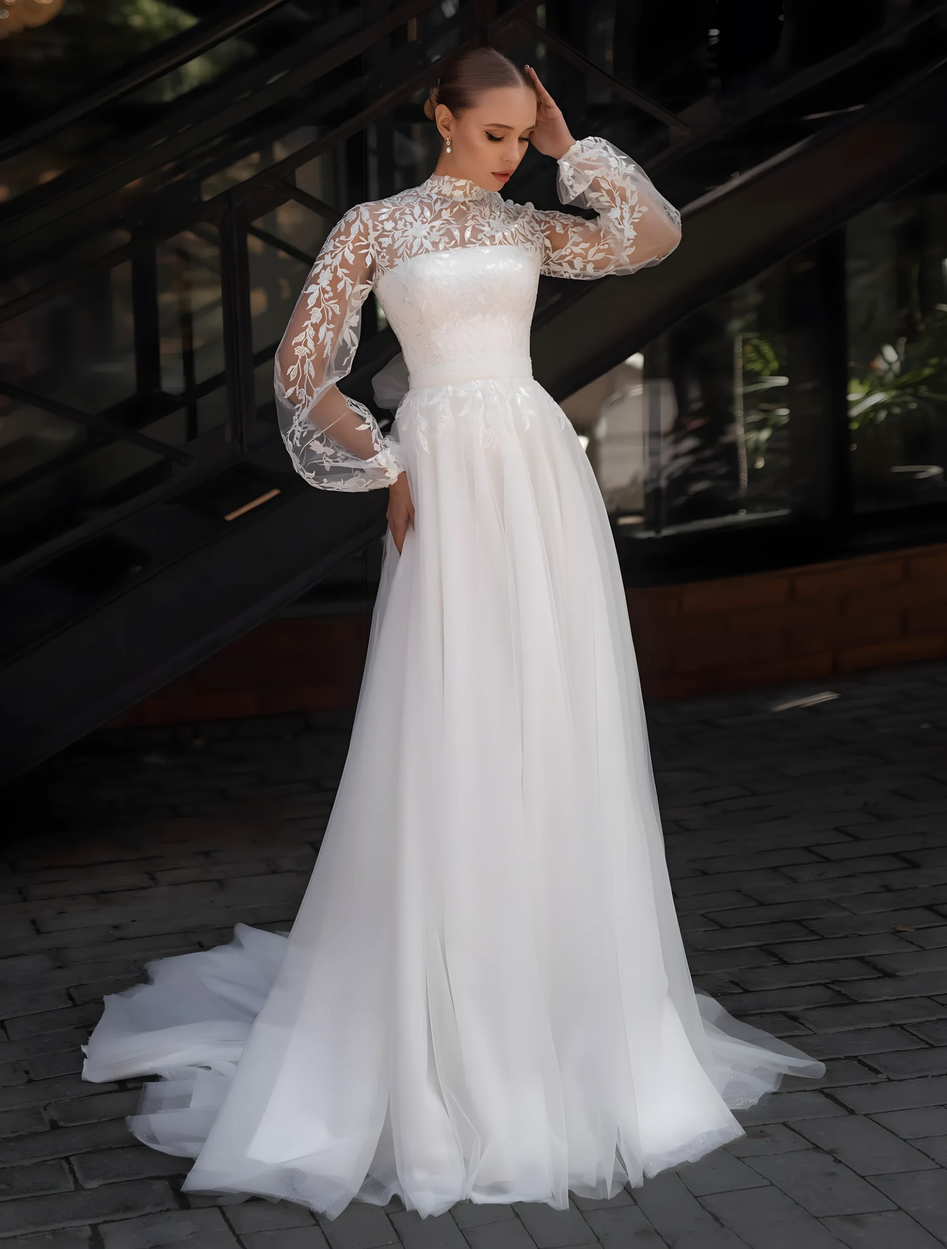 Robe de Mariée Manches Longues transparentes bouffantes