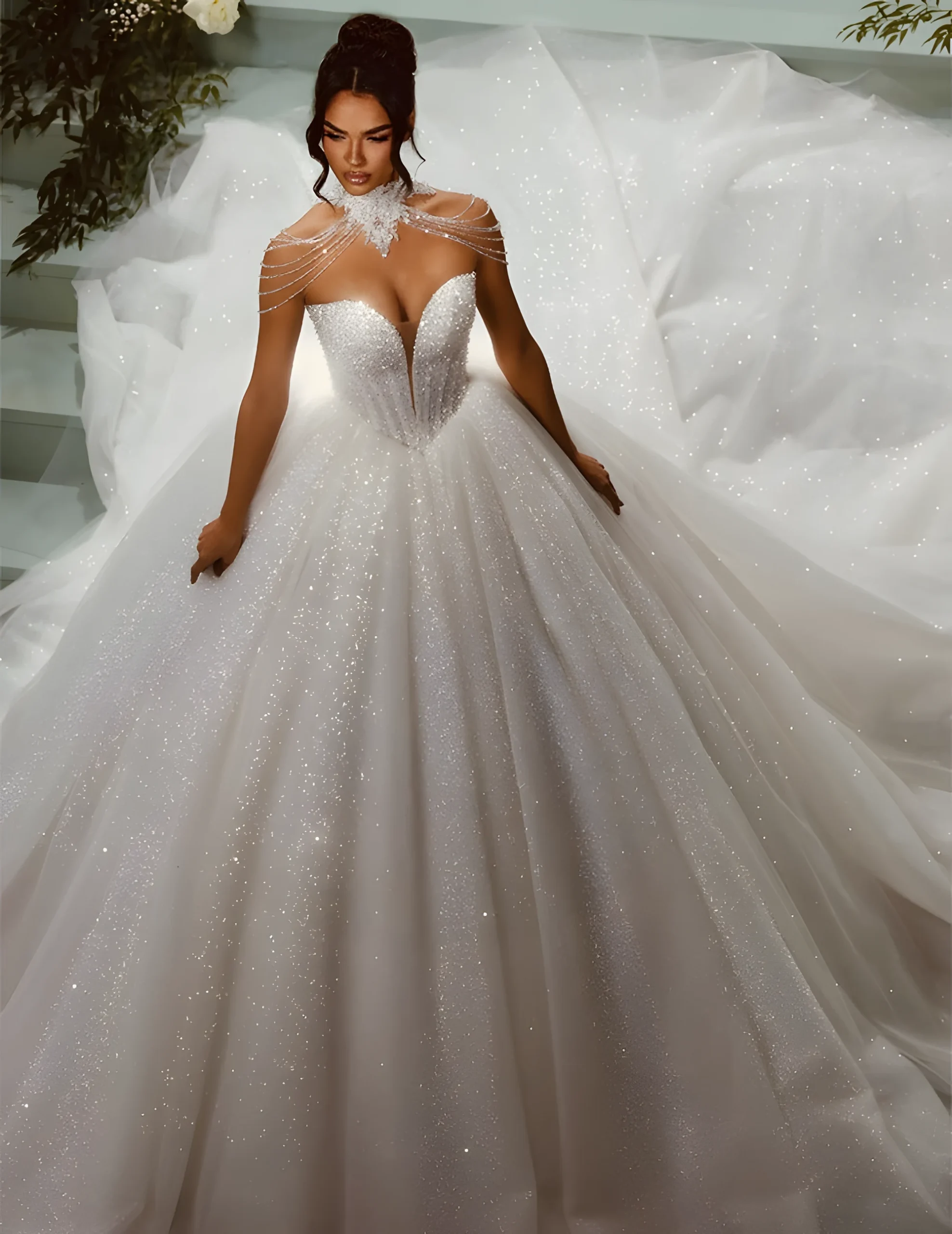 Robe de mariée princesse avec volume sur tulle scintillant