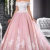 Robe de mariée princesse rose poudré avec dentelle