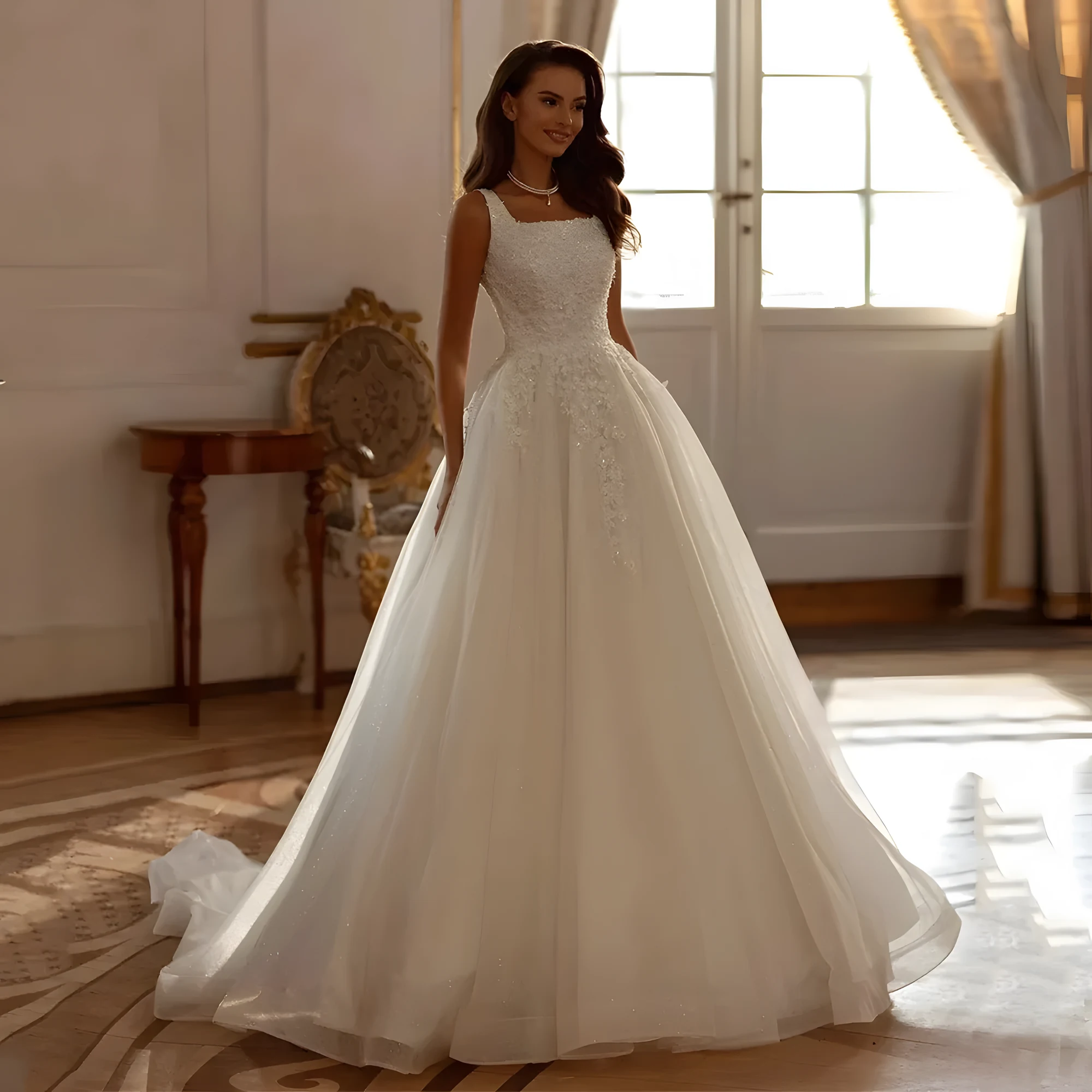 Robe de Mariée Princesse en tulle col bateau