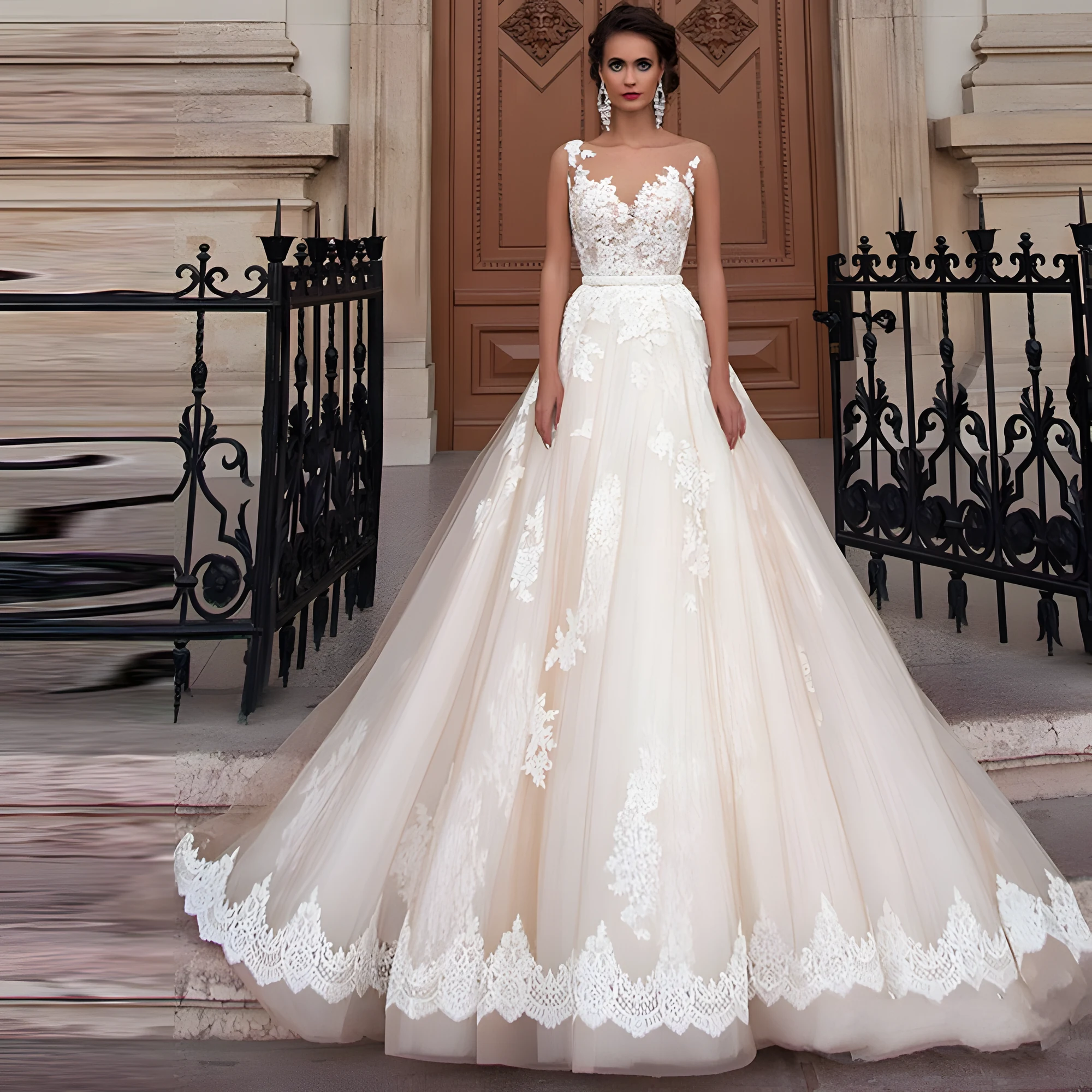 Robe de mariée princesse couleur champagne avec appliqués de dentelle sur tulle