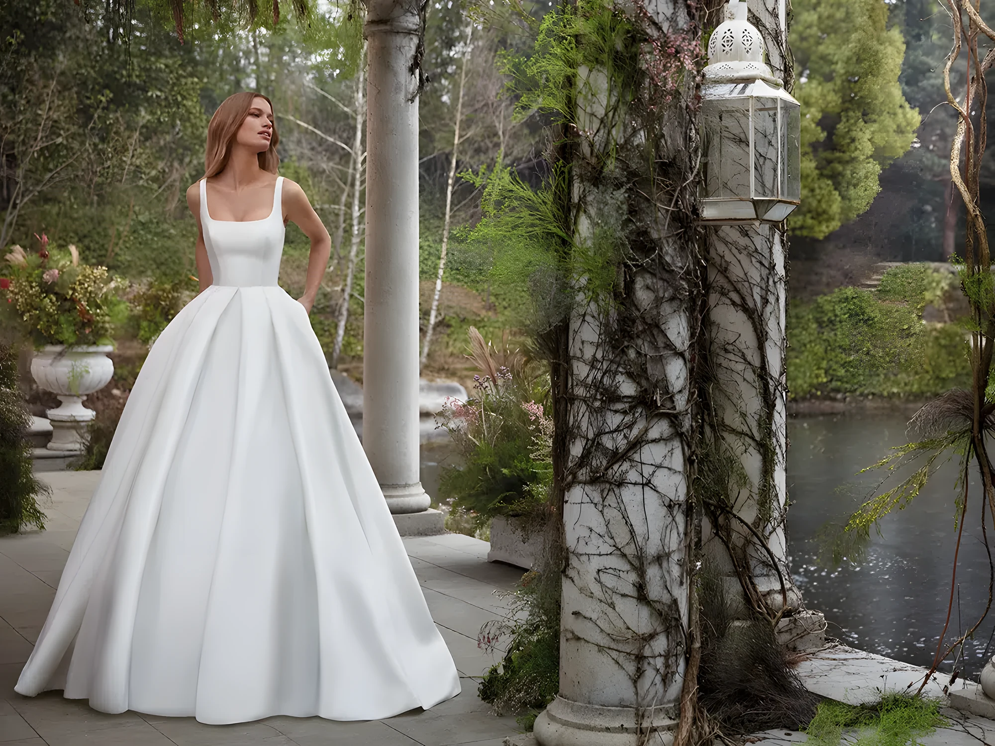 Robe de Mariée style Romantique en satin duchesse a avec col carré et jupe évasée