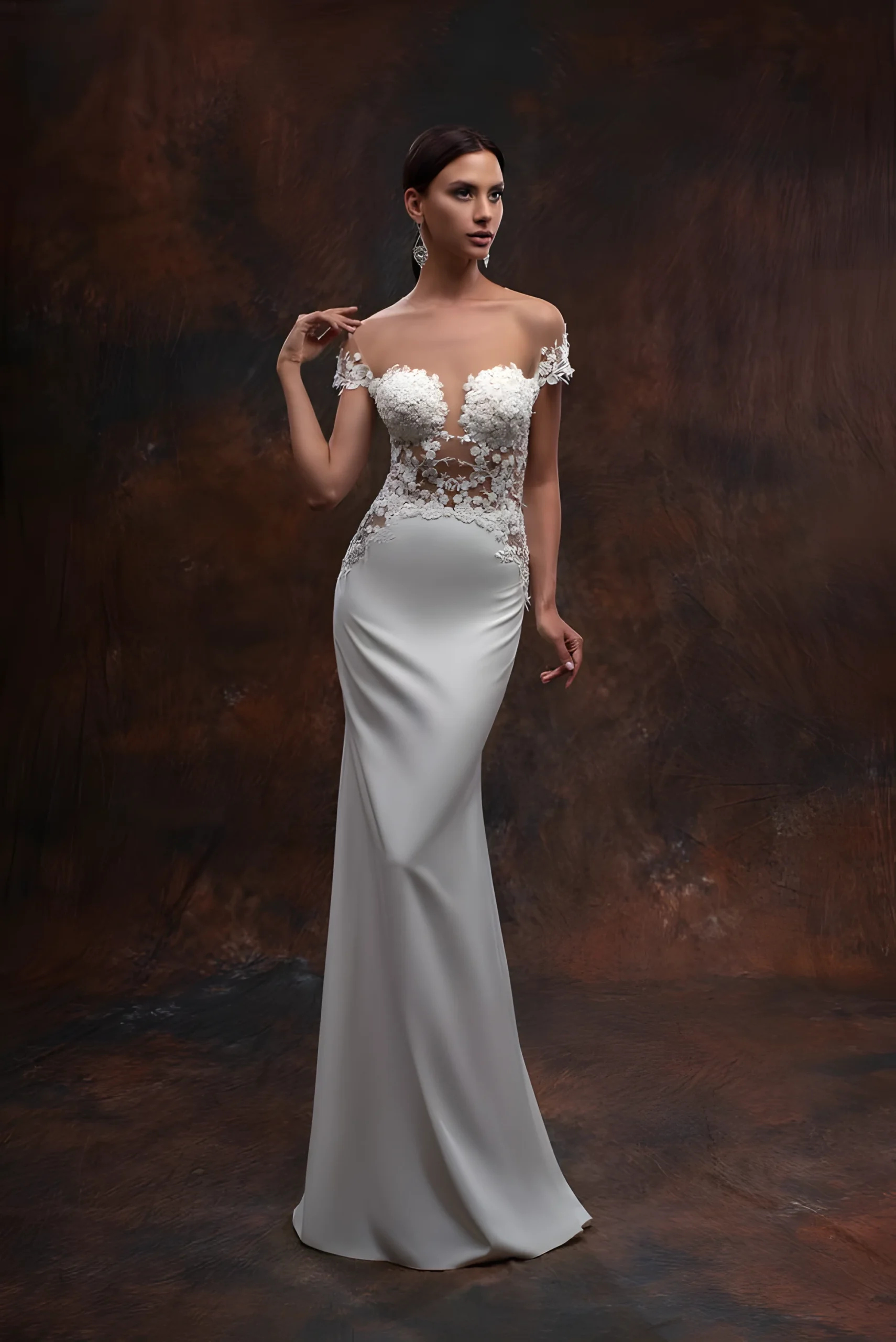 Robe de Mariée forme fourreau avec haut dentelle et bas crêpe satin