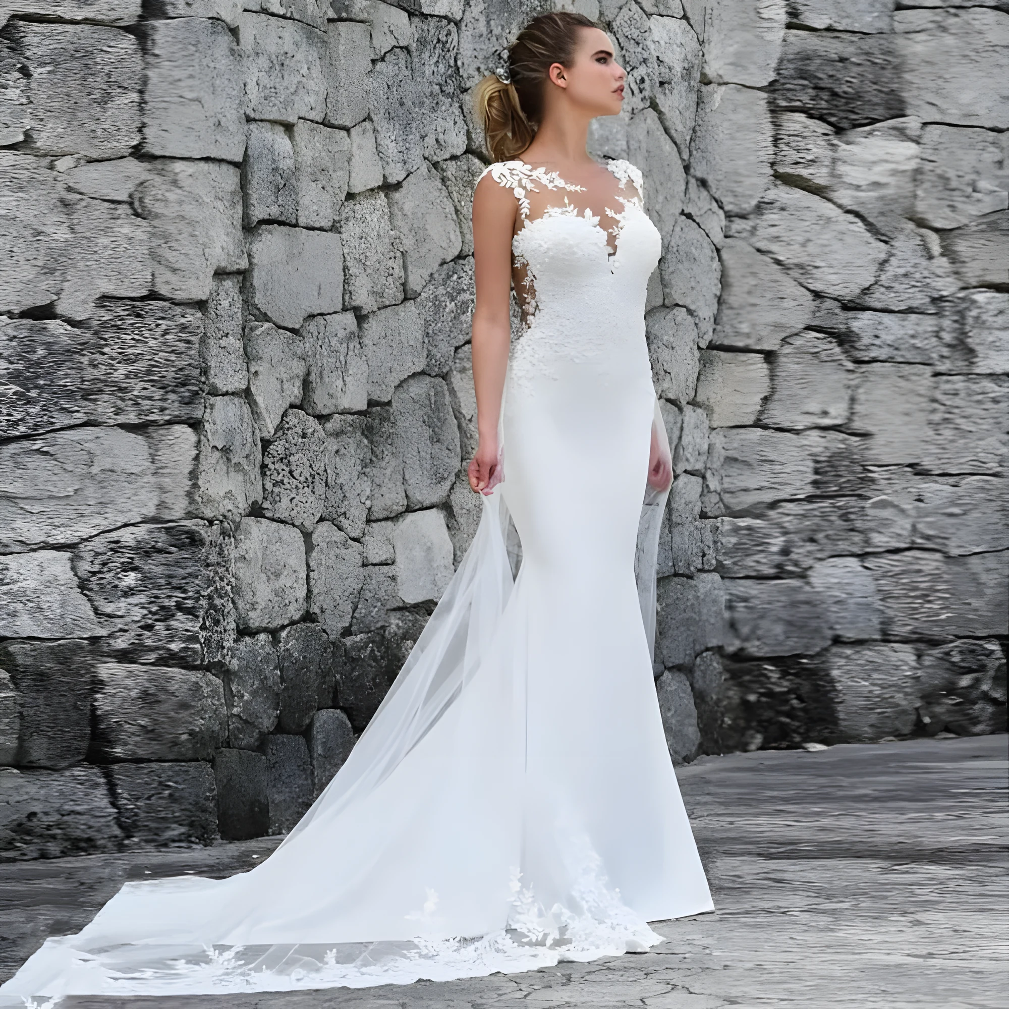 Robe de mariage forme sirène en mousseline de coton et dentelle