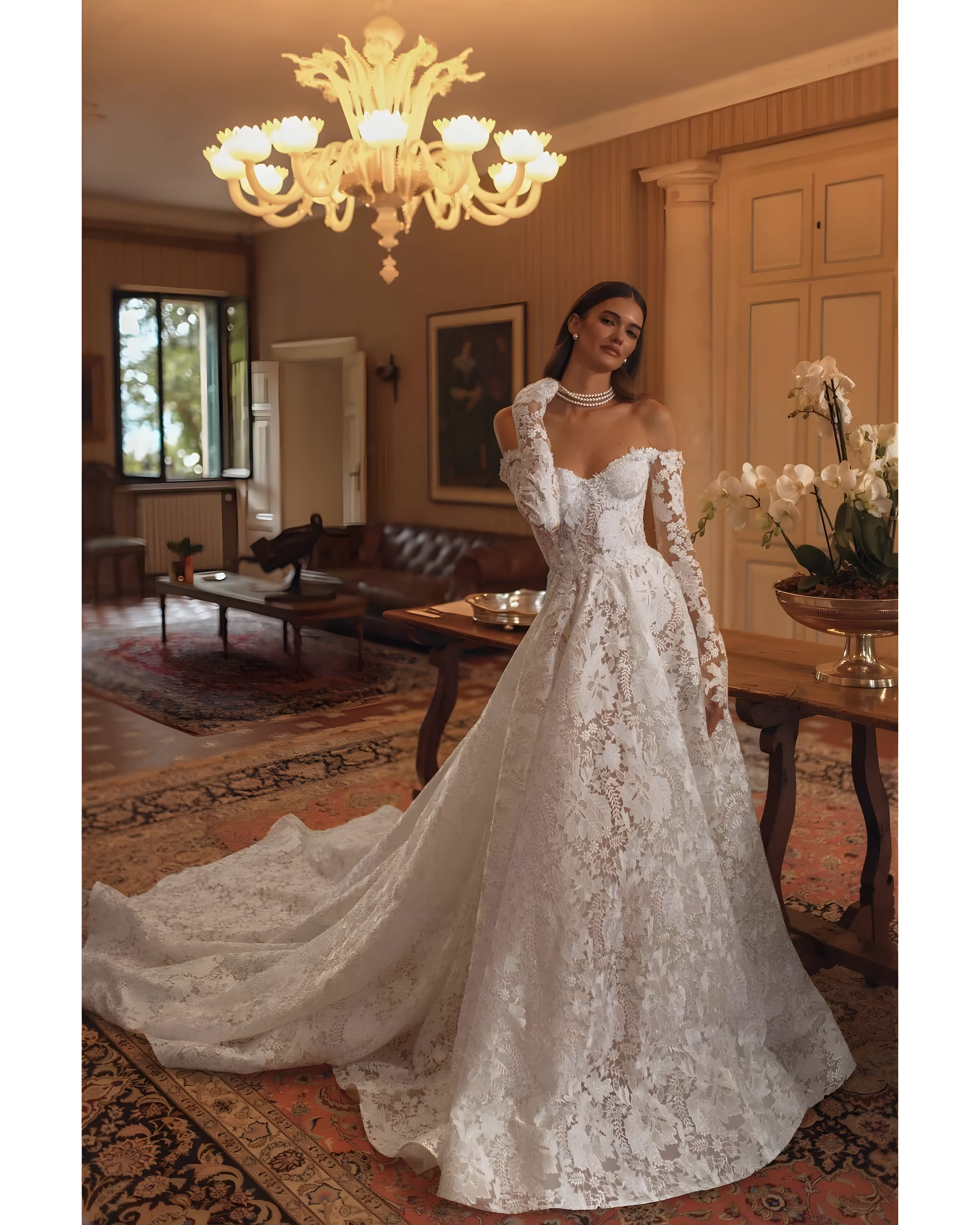 Robe de mariée en dentelle silhouette princesse avec épaules dénudées et manches longues