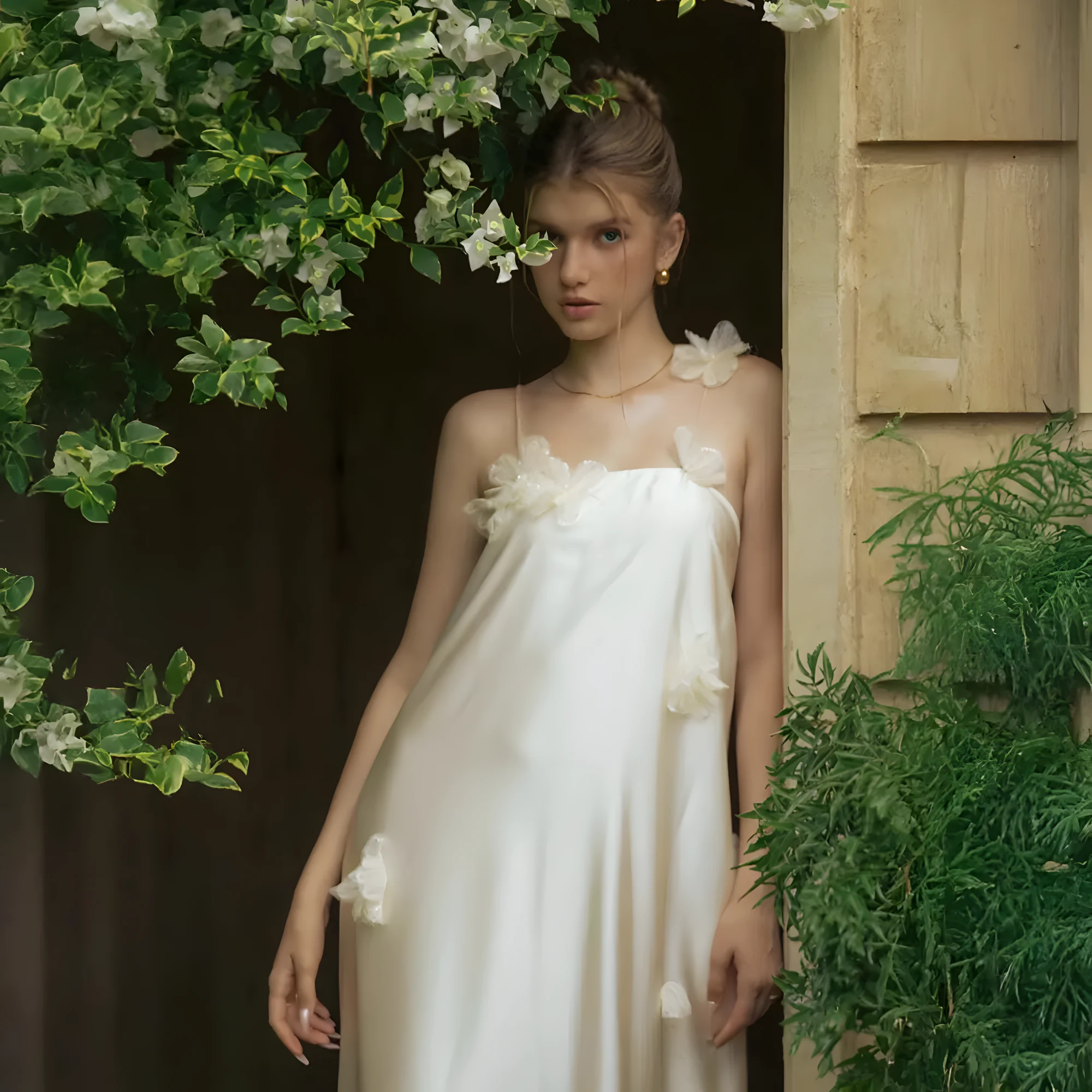 Robe de mariée en mousseline de soie parsemée d'appliques de fleurs brodées, silhouette en A