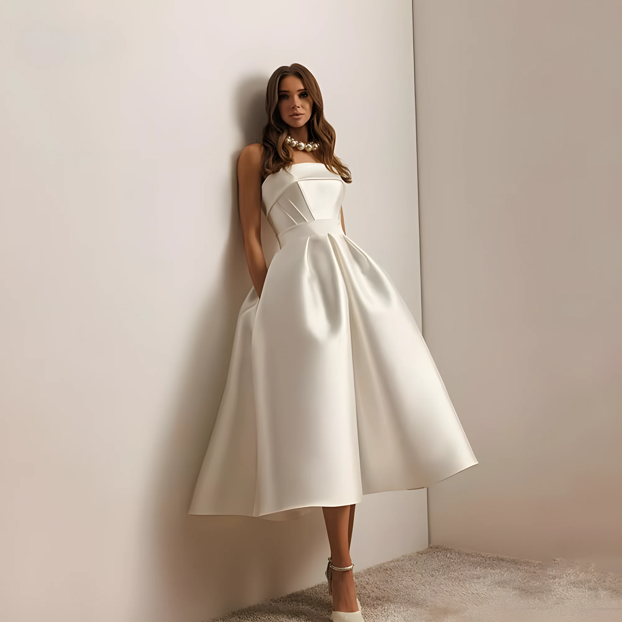 Robe de mariée avec jupe mi mollets en satin
