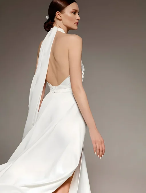 Robe de mariée blanche dos dénudé et sans manches. Aperçu début de la fente sur jupe.