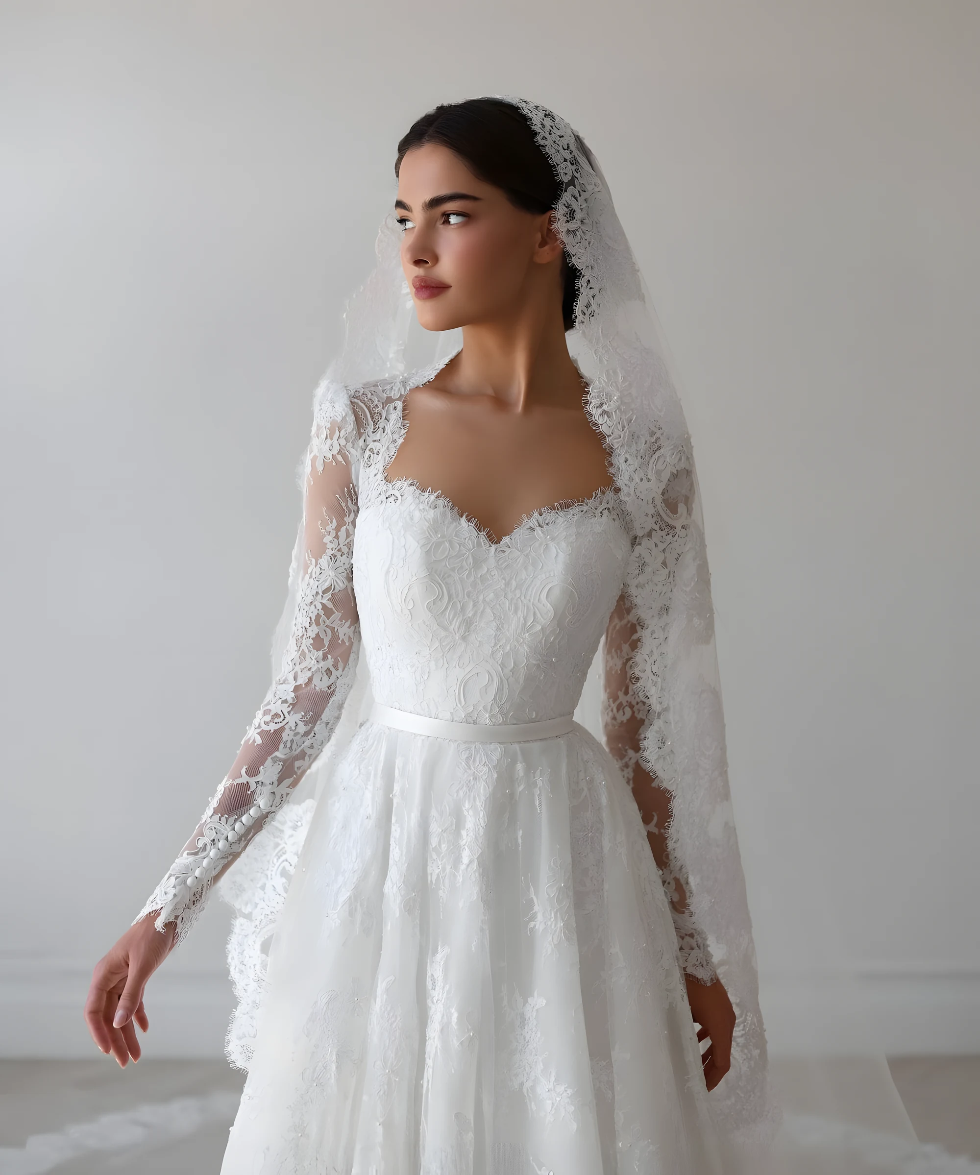Robe de mariage en dentelle avec taille haute cintrée et manches longues