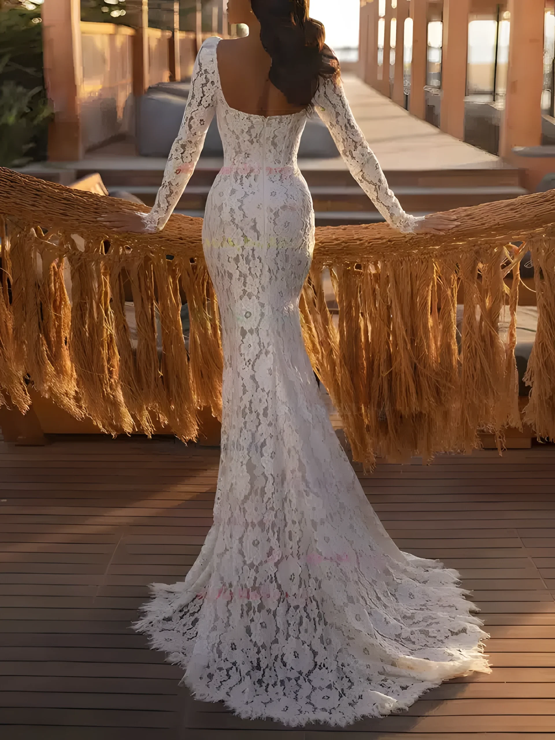 Robe de Mariée en dentelle, manches longues et dos demi couvert