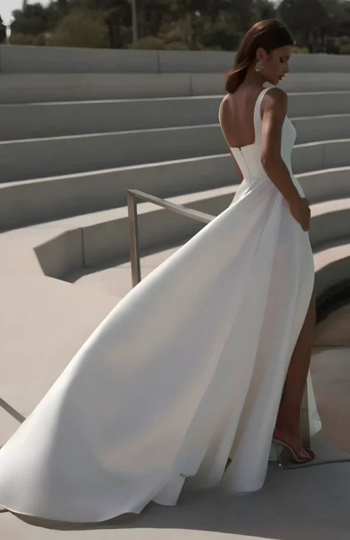 Robe de mariée en satin pour un mariage civil avec dos à moitié dénudé