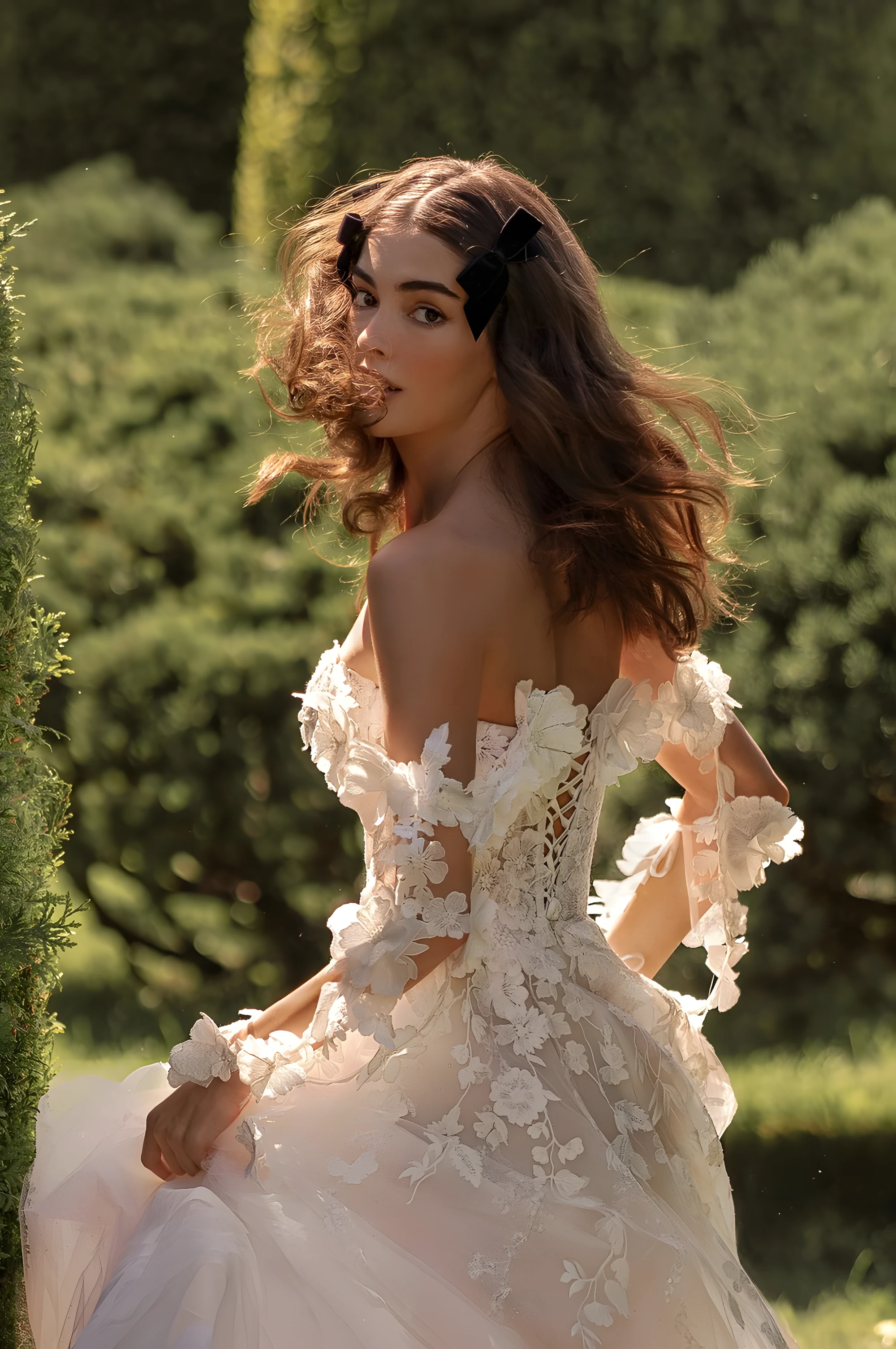 Robe de mariée en tulle avec éléments décoratifs pour un mariage à la campagne. Dos à demi nu avec laçage de maintien.