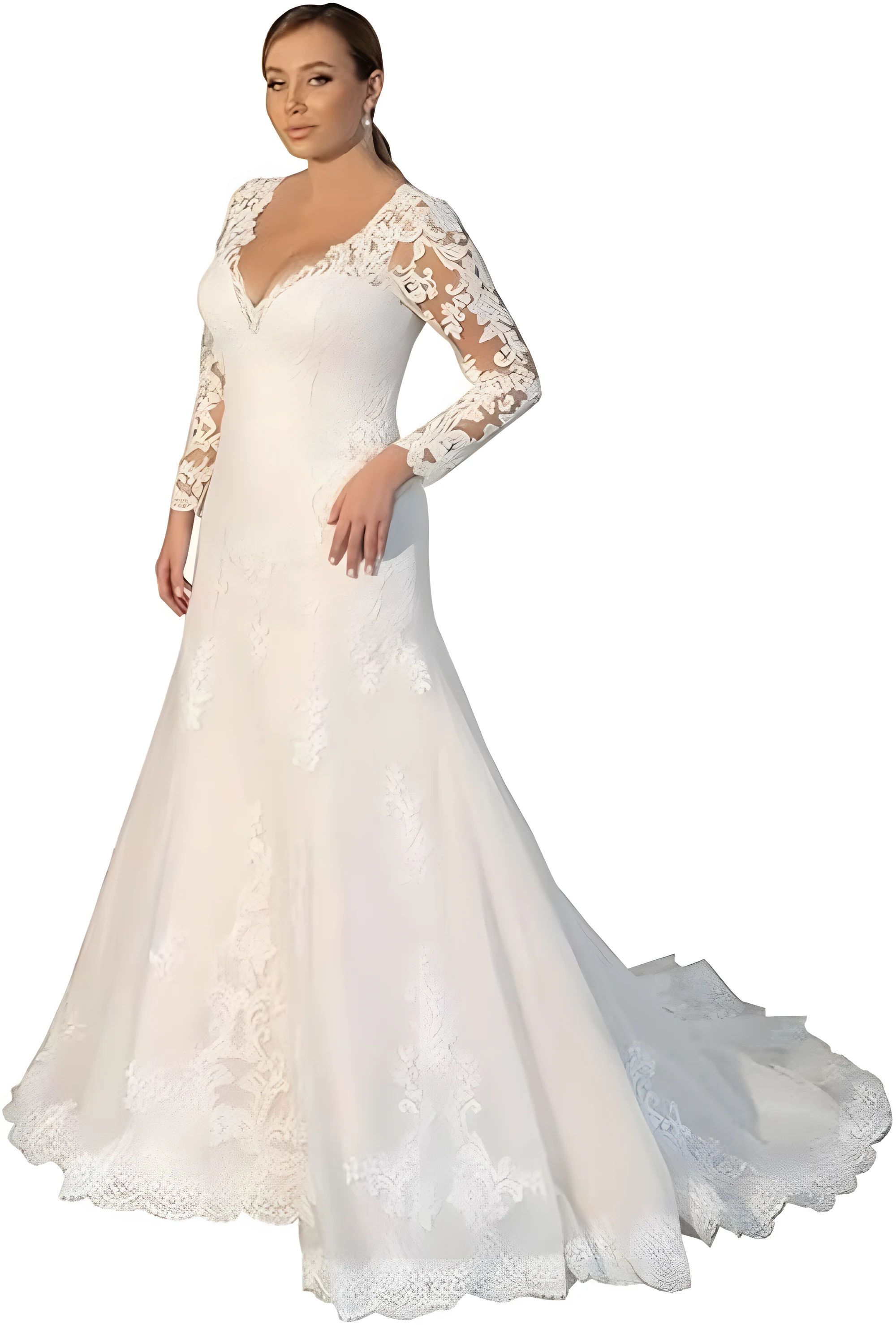 Robe de mariée en grande taille silhouette sirène pour femmes aux courbes avantageuses avec décolleté profond