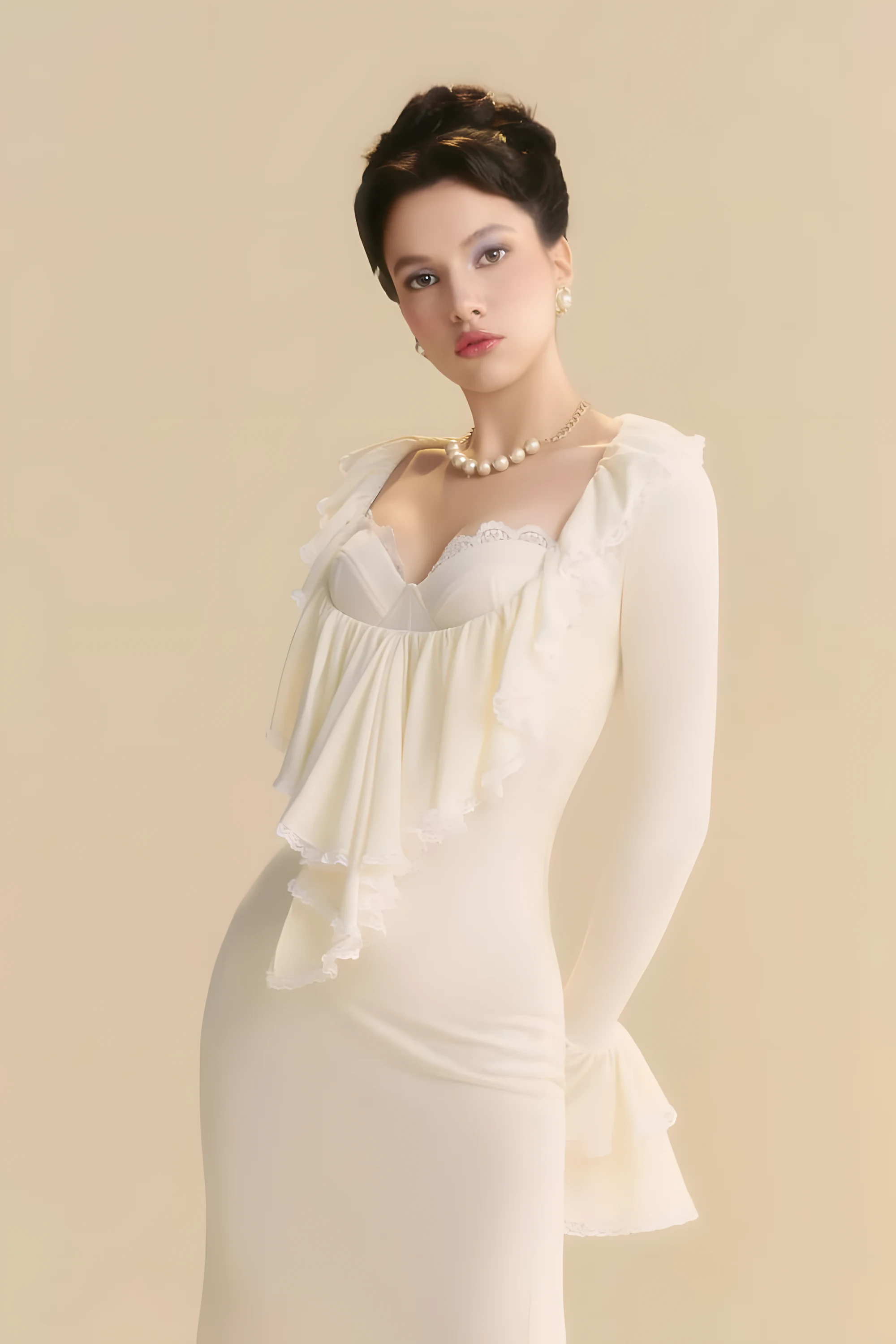 Robe de mariée manches longues, bustier cœur et volant de dentelle