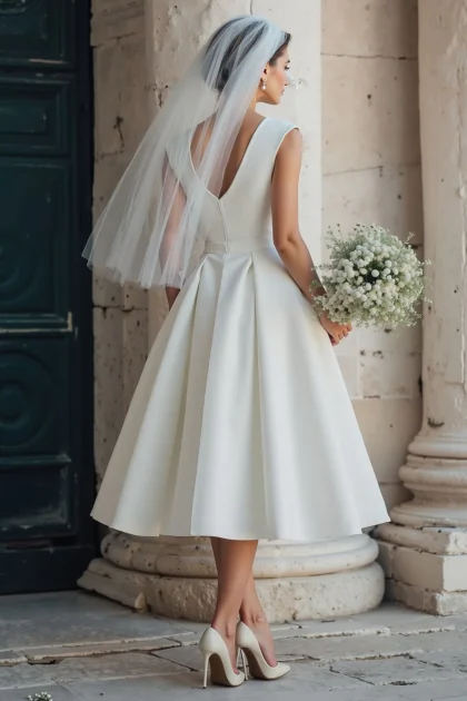 Robe de Mariée silhouette tea length avec jupe évasée mi mollet