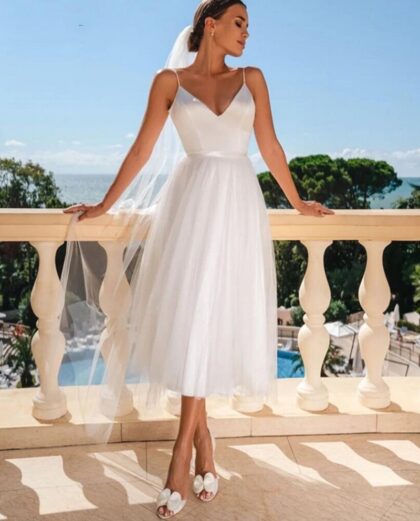 Robe de mariage dos nu avec top en satin de coton et jupe en tulle